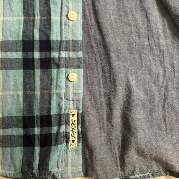 Lucky Brand Teal and Navy Plaid Button down short sleeve Men's Shirt Medium - Picture 4 of 9